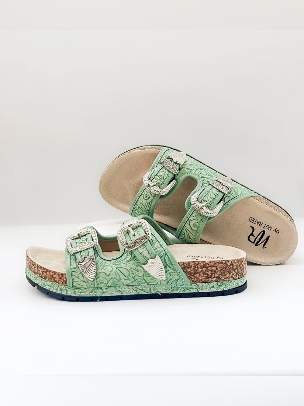 New! Not Rated Mint Green Embossed Double-Buckle Sandals